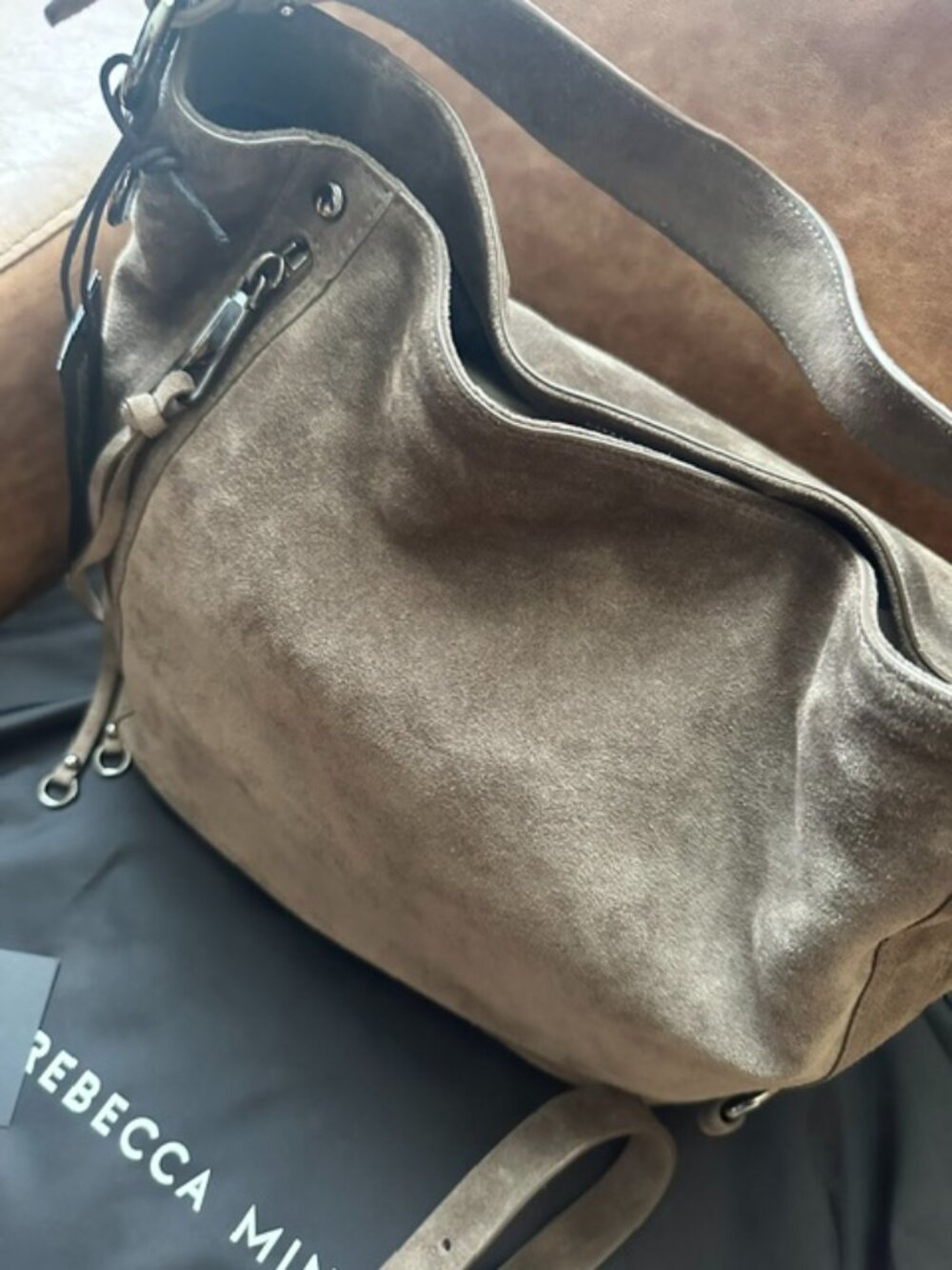 Rebecca Minkoff M.A.B. Hobo Suede Shoulder Bag in Porcini Gunmetal Hardware EUC
